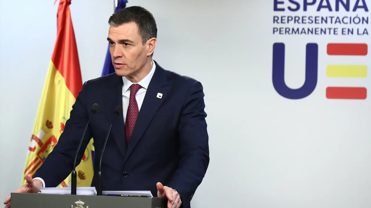 El presidente del Gobierno, Pedro S&aacute;nchez, en rueda de prensa al t&eacute;rmino del Consejo Europeo en Bruselas. EP