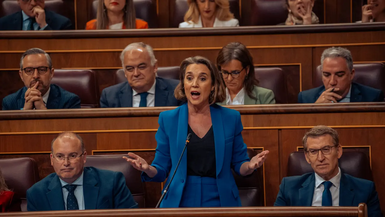 La secretaria general del PP, Cuca Gamarra, interviene durante una sesi&oacute;n de control al Gobierno. / Gabriel Luengas