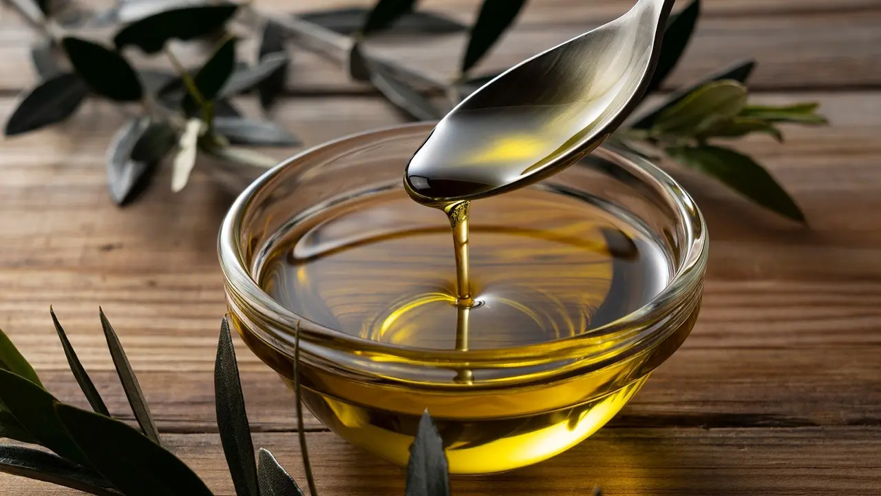 Un recipiente con aceite de oliva. EP