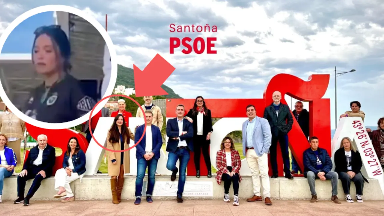 En c&iacute;rculo, la concejal de Santo&ntilde;a en el altercado del partido Burgos-Racing. Y de fondo su foto con todo el equipo del partido pol&iacute;tico.
