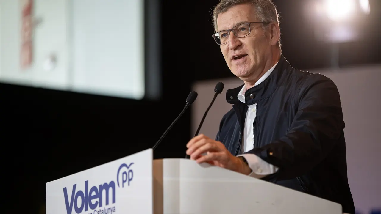 El presidente del Partido Popular, Alberto N&uacute;&ntilde;ez Feij&oacute;o, interviene durante un mitin del Partido Popular. Lorena Sop&ecirc;na