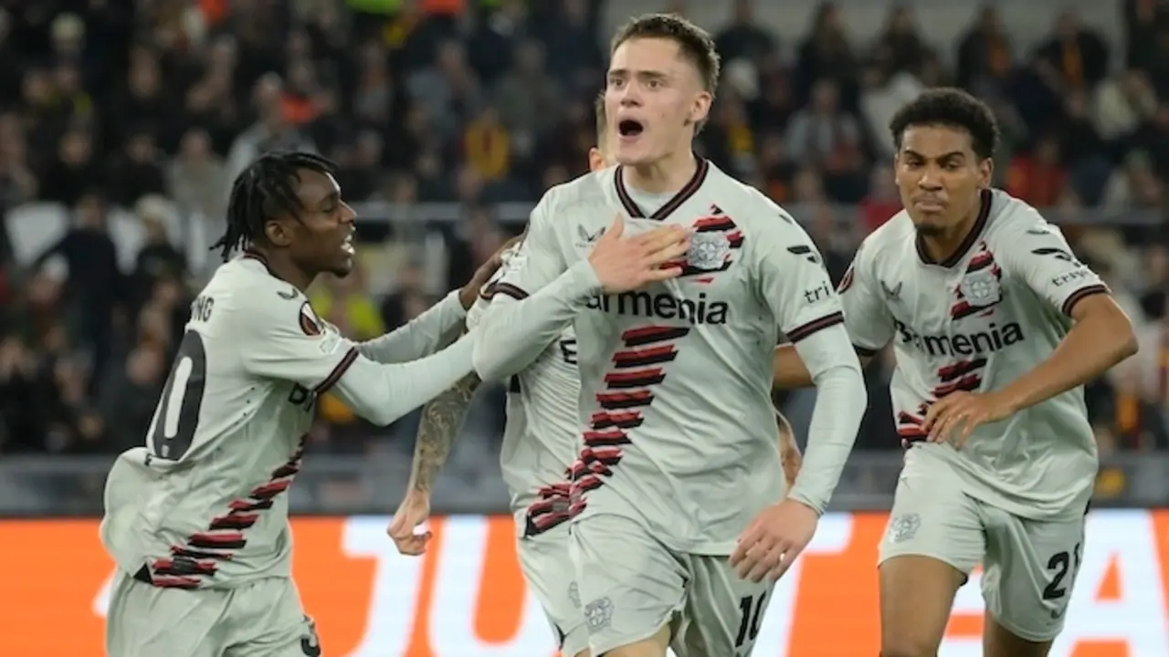 Florian Wirtz, del Leverkusen, celebra el primer gol de su equipo durante el partido de f&uacute;tbol de ida de semifinales de la UEFA Europa League entre el AS Roma y el Bayer 04 Leverkusen en el estadio Ol&iacute;mpico. Foto: Fabrizio Corradetti/LaPresse v&iacute;a ZUMA Press/dpa
Fecha: 02/05/2024.

Firma: Fabrizio Corradetti / LaPresse via / DPA