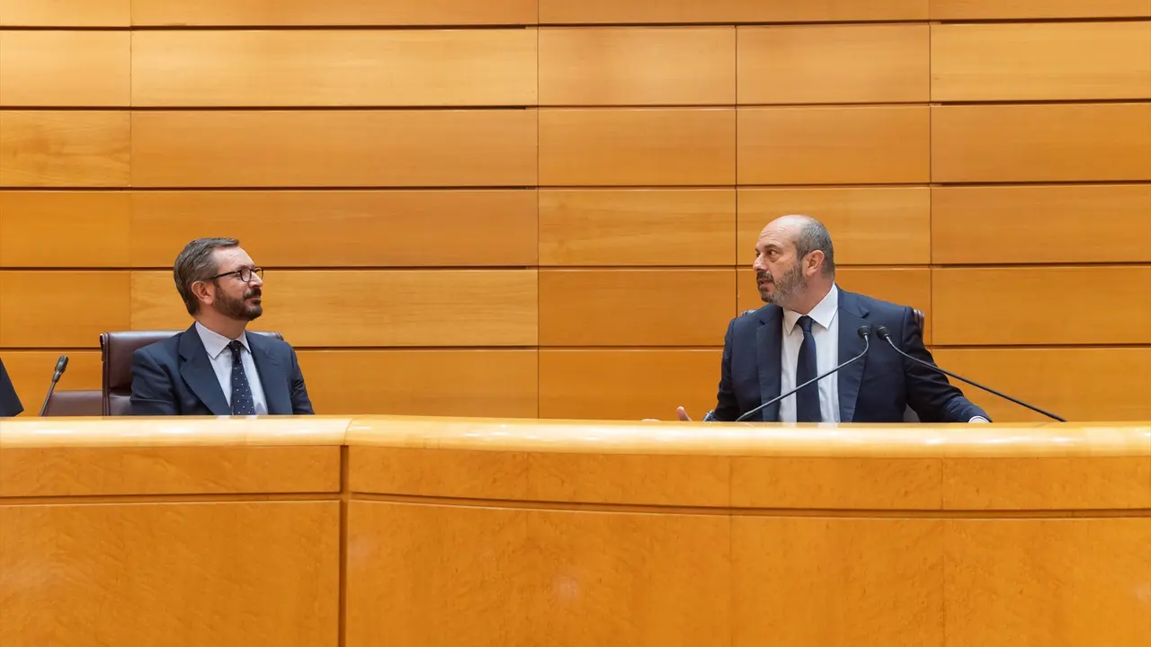 El portavoz del PP en el Senado, Javier Maroto (i), y el presidente del Senado, Pedro Roll&aacute;n (d), durante una sesi&oacute;n plenaria. Eduardo Parra