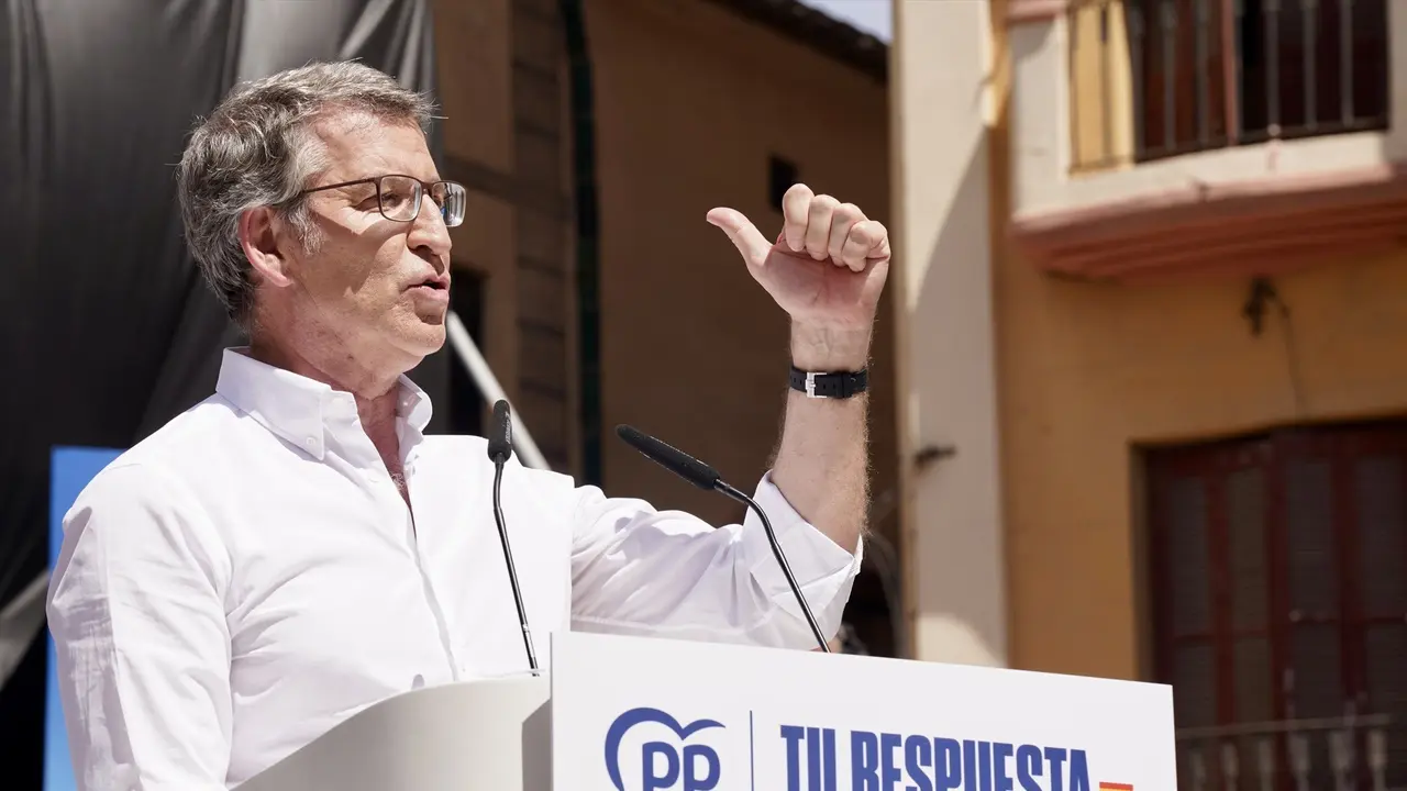 El presidente del Partido Popular, Alberto N&uacute;&ntilde;ez Feij&oacute;o, durante el acto del PP de cara a las elecciones europeas del 9 de junio. &Aacute;lex Zea