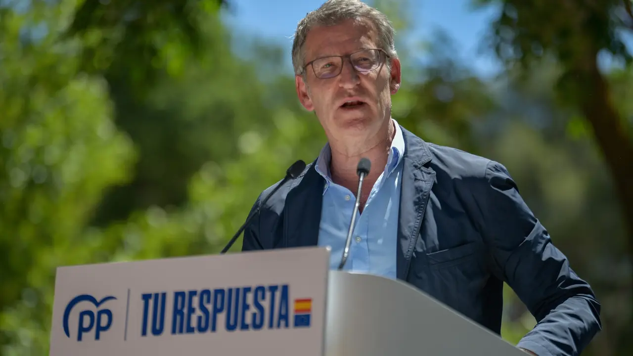 El presidente del PP, Alberto N&uacute;&ntilde;ez Feij&oacute;o, interviene durante la clausura de un mitin del PP. Eusebio Garc&iacute;a del Castillo