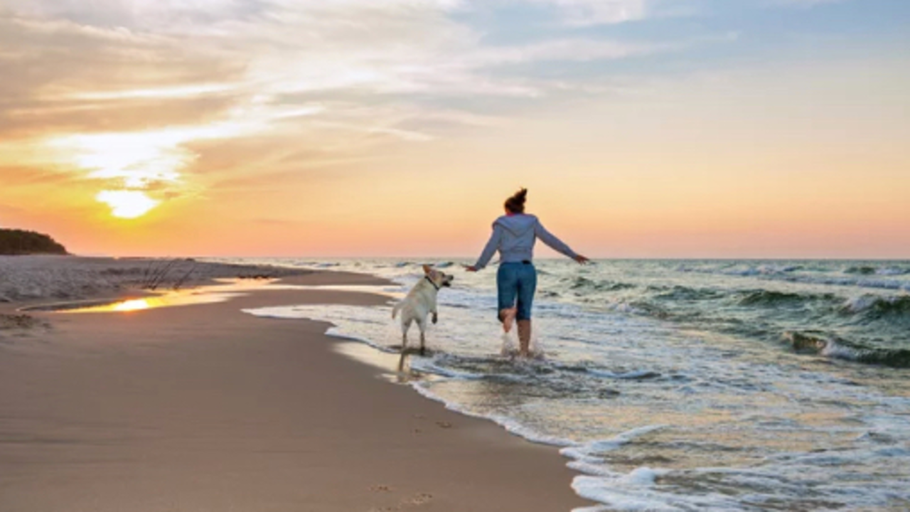 Una mujer corre por la playa con su perro. / A.S.