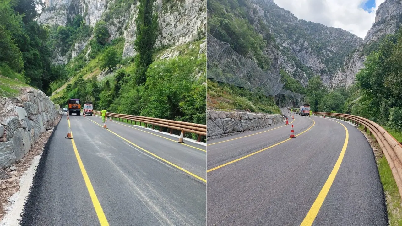 Operarios trabajando en los dos tramos abiertos y al tr&aacute;fico en la Nacional 621, carretera que discurre por el Desfiladero de La Hermida. / Alerta