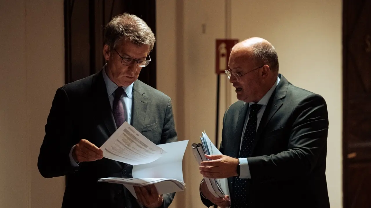El presidente del PP, Alberto N&uacute;&ntilde;ez Feij&oacute;o (i), y el portavoz del PP, Miguel Tellado (d), en el Congreso de los Diputados. Gabriel Luengas