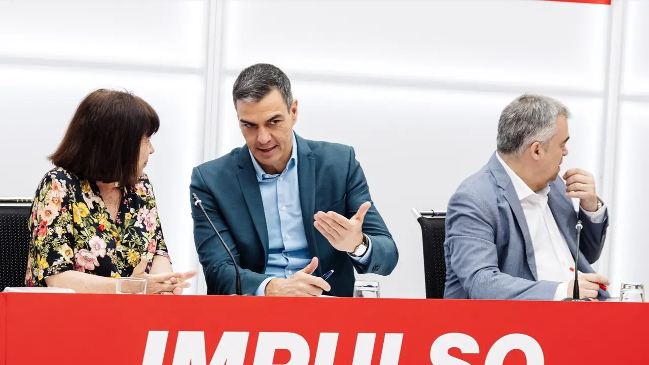 La presidenta del PSOE, Cristina Narbona, el presidente del Gobierno y Secretario General del PSOE, Pedro S&aacute;nchez Castej&oacute;n, y el secretario de Organizaci&oacute;n del PSOE, Santos Cerd&aacute;n, durante la reuni&oacute;n de la Ejecutiva Federal del PSOE. Carlos Luj&aacute;n / Archivo