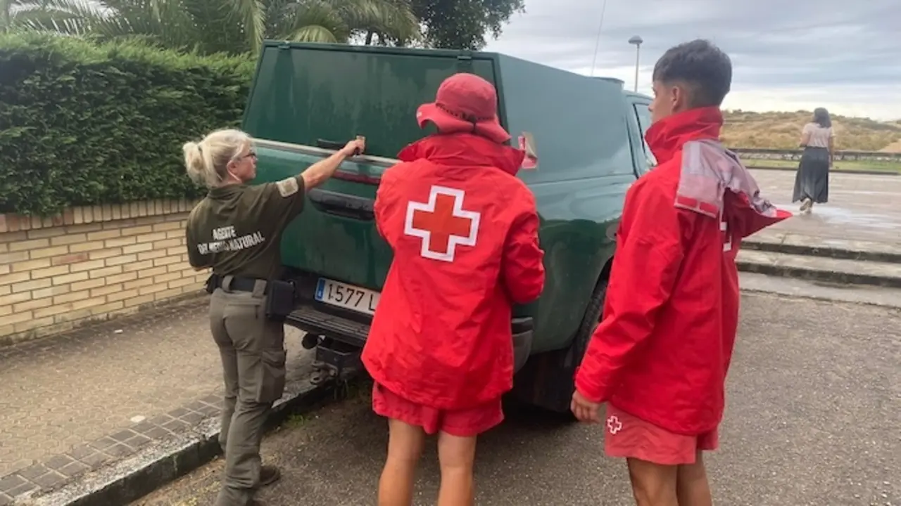 El equipo de rescate de la cruz roja frente a la playa donde apareci&oacute; este cet&aacute;ceo.