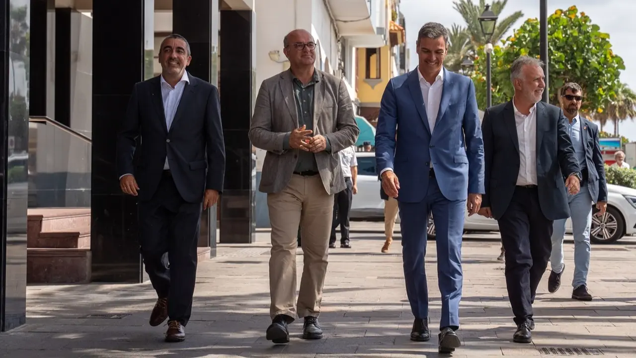(2I-D) El delegado del Gobierno en Canarias, Anselmo Pestana, el presidente del Gobierno, Pedro S&aacute;nchez, y el ministro de Pol&iacute;tica Territorial y Memoria Democr&aacute;tica, &Aacute;ngel V&iacute;ctor Torres, a su llegada a su reuni&oacute;n con el presidente de Canarias, Fernando Clavijo. EP