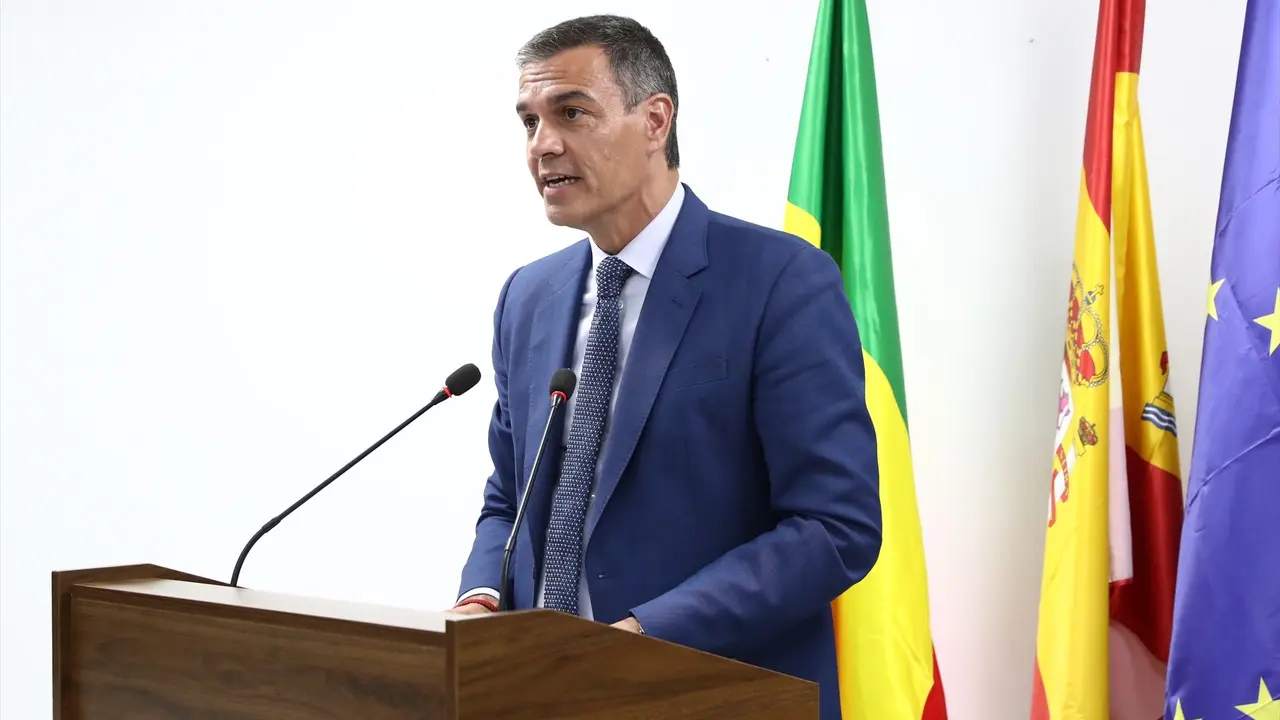 El presidente del Gobierno, Pedro S&aacute;nchez, interviene durante la presentaci&oacute;n de la Alianza &Aacute;frica Avanza. / Jorge Villar