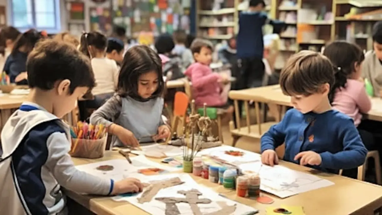 Varios ni&ntilde;os en una guarder&iacute;a realizando actividades did&aacute;cticas. / a.e