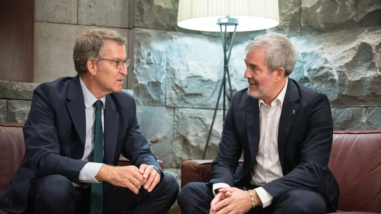 El presidente de Canarias, Fernando Clavijo (d), mantiene una reuni&oacute;n con el l&iacute;der de la oposici&oacute;n y presidente del PP, Alberto N&uacute;&ntilde;ez Feij&oacute;o (i). / EP