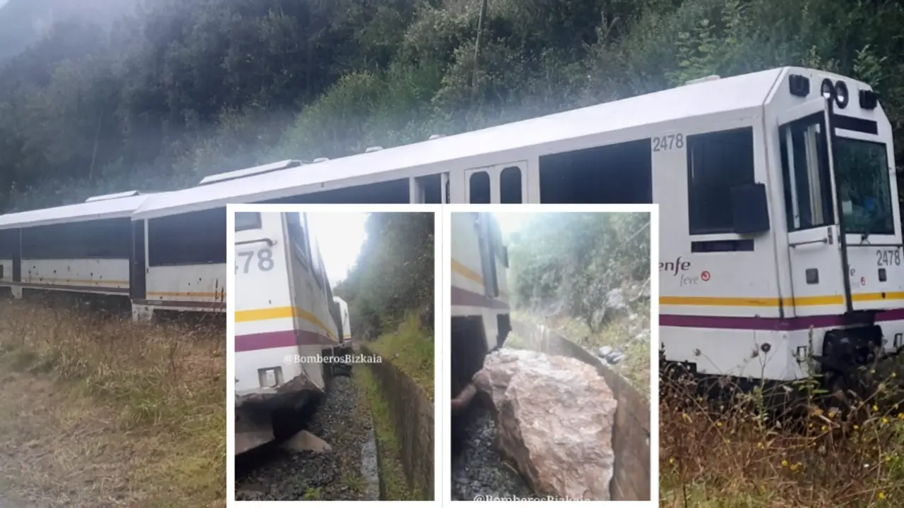 Estado en el que qued&oacute; el tren tras impactar con una roca en las v&iacute;as en Gibaja. Afortunadamente, no hubo heridos entre los pasajeros. / Bomberos y Bomberas Bizkaia