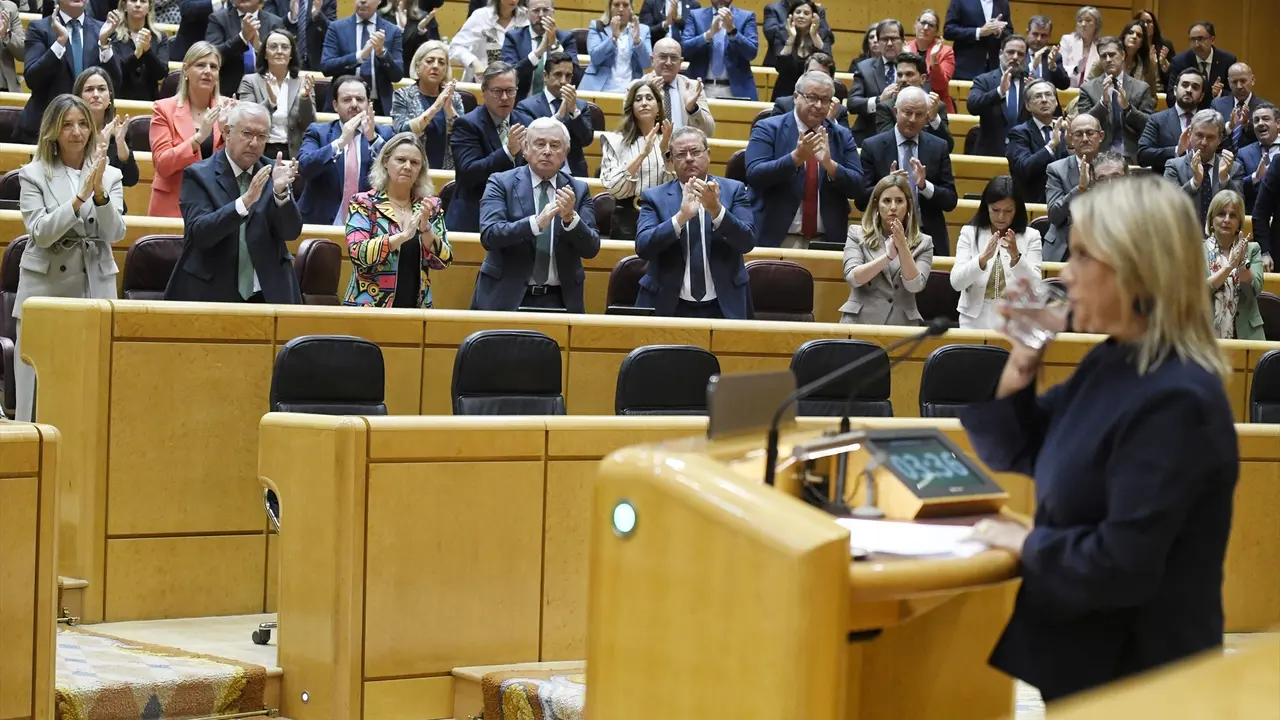La bancada del PP aplaude a la senadora del PP Marimar Blanco (d) durante un pleno extraordinario en el Senado. / Fernando S&aacute;nchez