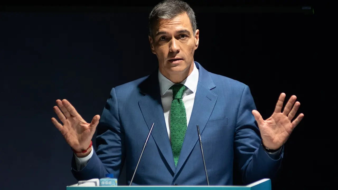 El presidente del gobierno, Pedro S&aacute;nchez, durante la apertura del evento 'World in Progress' de Grupo Prisa. / David Zorrakino