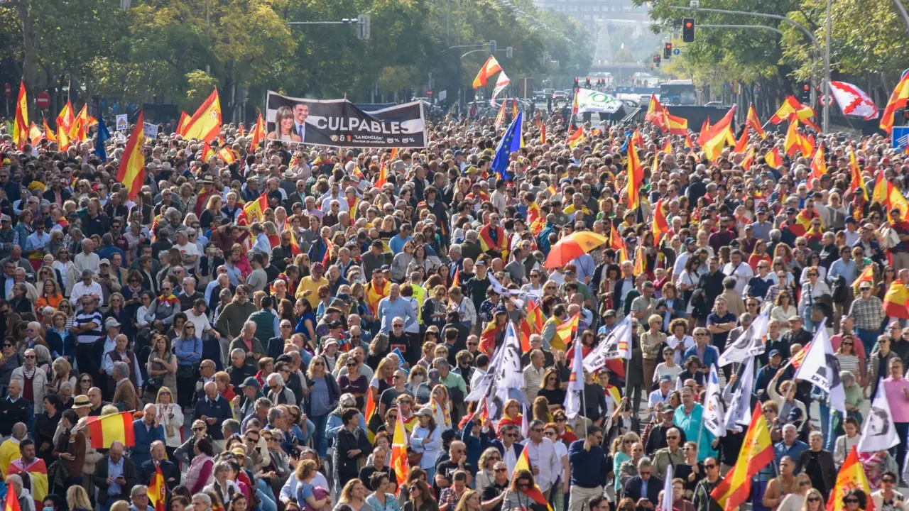 Miles de personas se volcaron a las calles en Madrid para manifestarse contra el Gobierno de Pedro S&aacute;nchez. / Richard Zubelzu