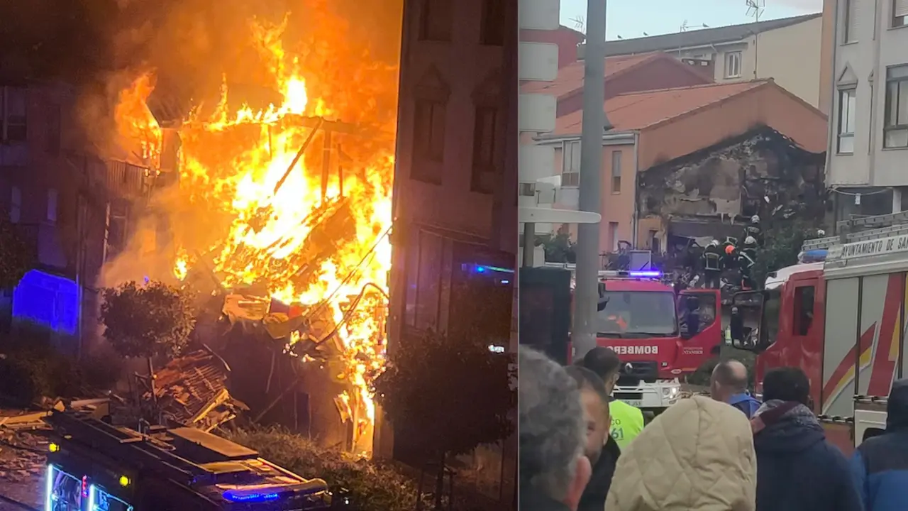 A la izquierda el edificio en llamas, a la derecha los bomberos trabajando en la evacuaci&oacute;n de los heridos. / ALERTA