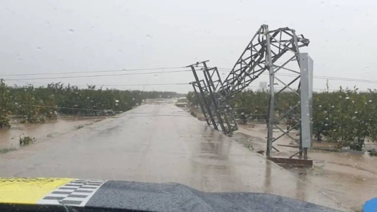 Torre de luz ca&iacute;da por un tornado en Carlet. / AYTO Carlet