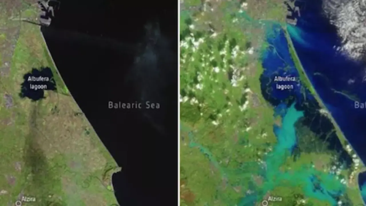 El antes y el despu&eacute;s de la DANA, desde sat&eacute;lite Landsat 8 de la NASA. / NASA