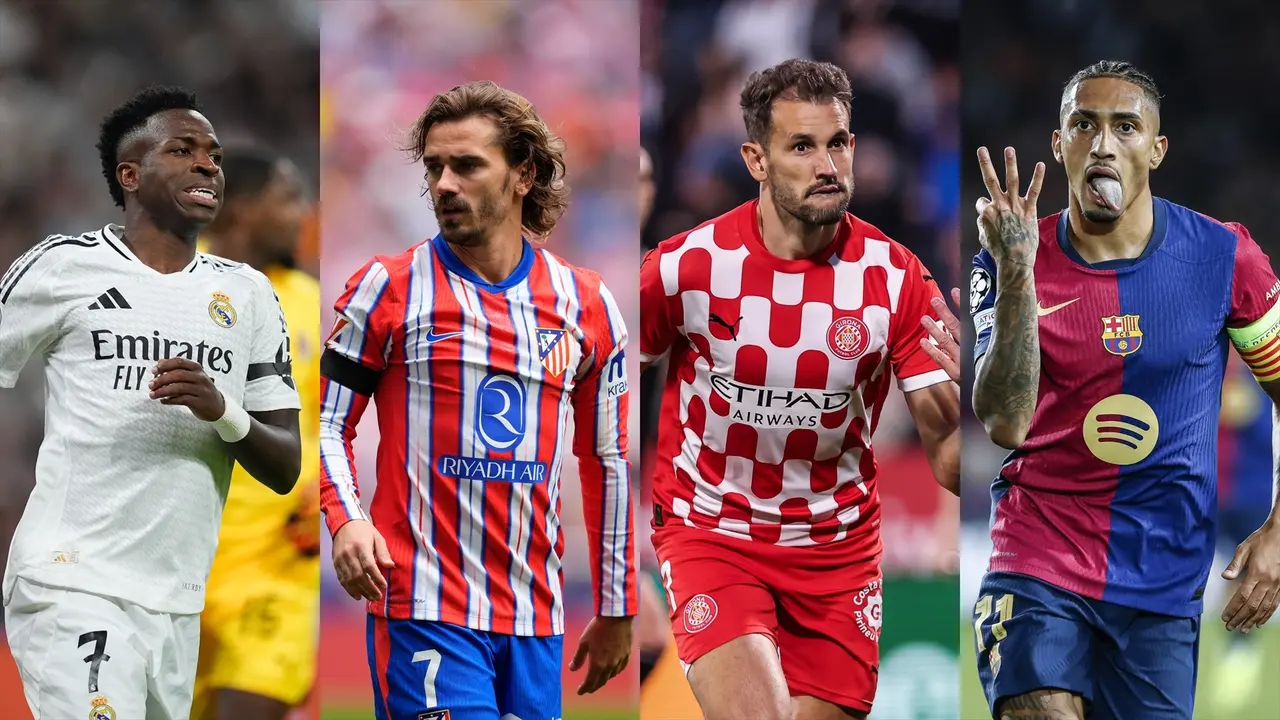 Los jugadores Vin&iacute;cius Junior (Real Madrid), Antoine Griezmann (Atl&eacute;tico de Madrid), Cristhian Stuani (Girona) y Raphinha (FC Barcelona). / EP