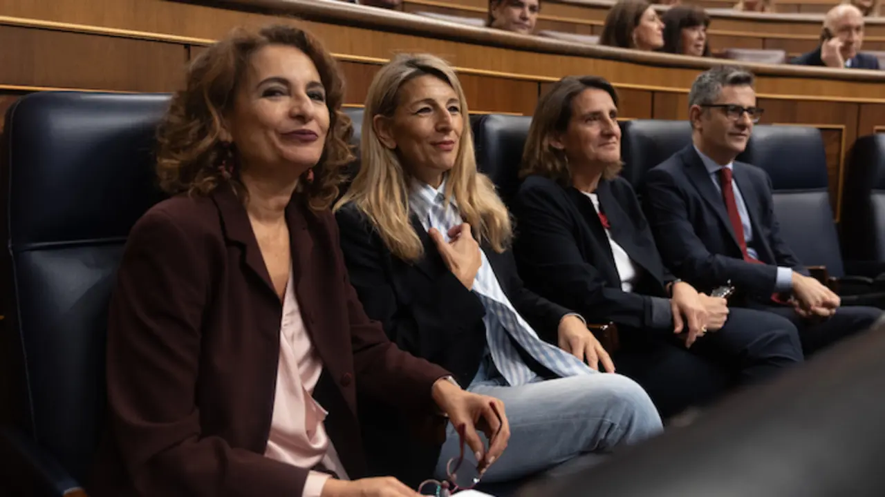 La vicepresidenta primera y ministra de Hacienda, Mar&iacute;a Jes&uacute;s Montero; la vicepresidenta segunda y ministra de Trabajo, Yolanda D&iacute;az; la vicepresidenta tercera y ministra para la Transici&oacute;n Ecol&oacute;gica, Teresa Ribera y el ministro de la Presidencia, Relaciones con las Cortes y Justicia, F&eacute;lix Bola&ntilde;os. / EP