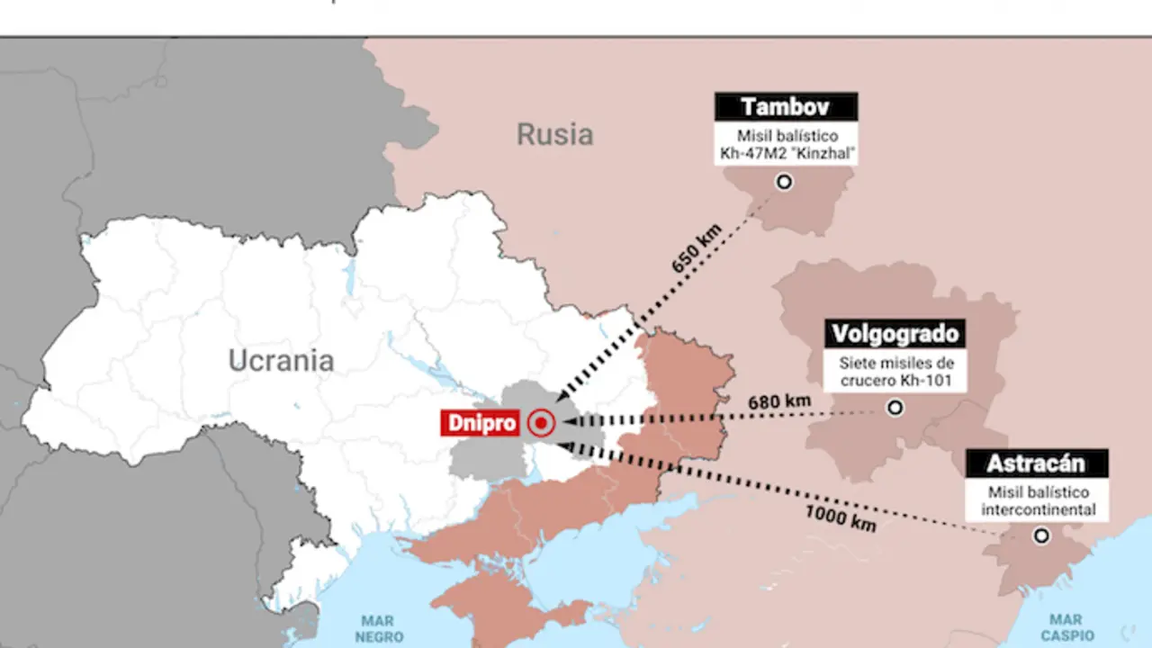 Mapa que representa los ataques sobre Ucrania lanzados por Rusia en la madrugada del 21 de noviembre. / EP