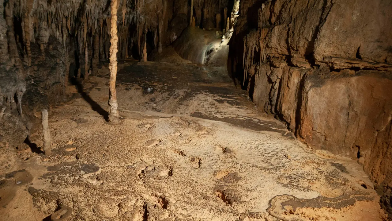 Huellas de pisadas humanas -del hombre del Paleol&iacute;tico- descubiertas en una galer&iacute;a de la cueva c&aacute;ntabra de La Garma. / A.E. / Archivo