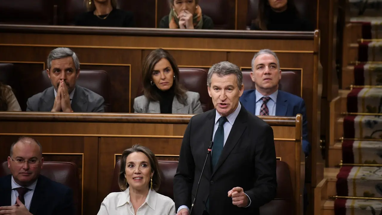 El presidente del PP, Alberto N&uacute;&ntilde;ez Feij&oacute;o, interviene durante una sesi&oacute;n de control al Gobierno en el Congreso de los Diputados. / Fernando S&aacute;nchez