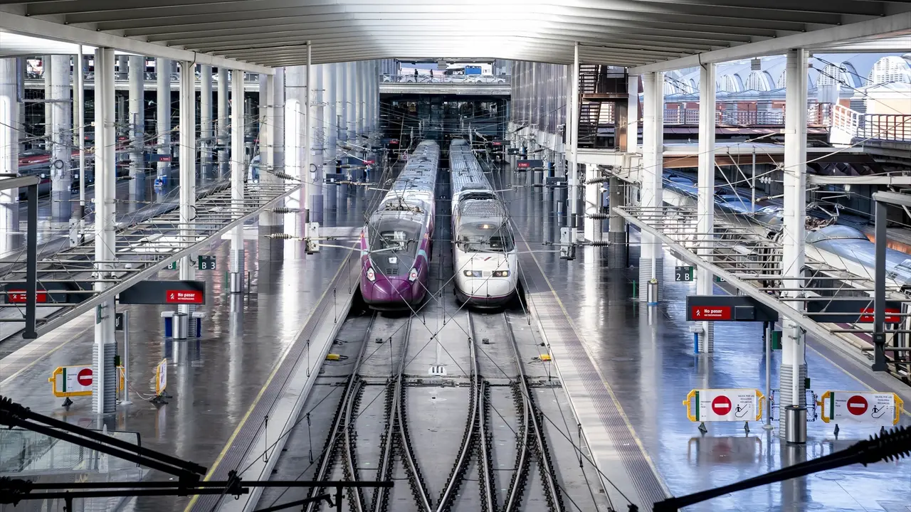 Dos trenes en las v&iacute;as de la estaci&oacute;n de Atocha-Almudena Grandes. / A. P&eacute;rez Meca