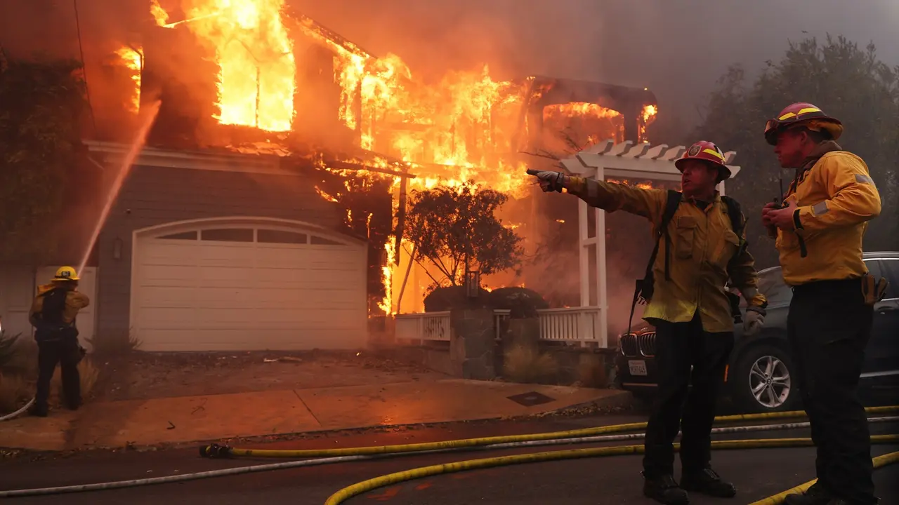 Los bomberos intentan apagar el fuego en una de las casas en Los &Aacute;ngeles. Jonathan Alcorn