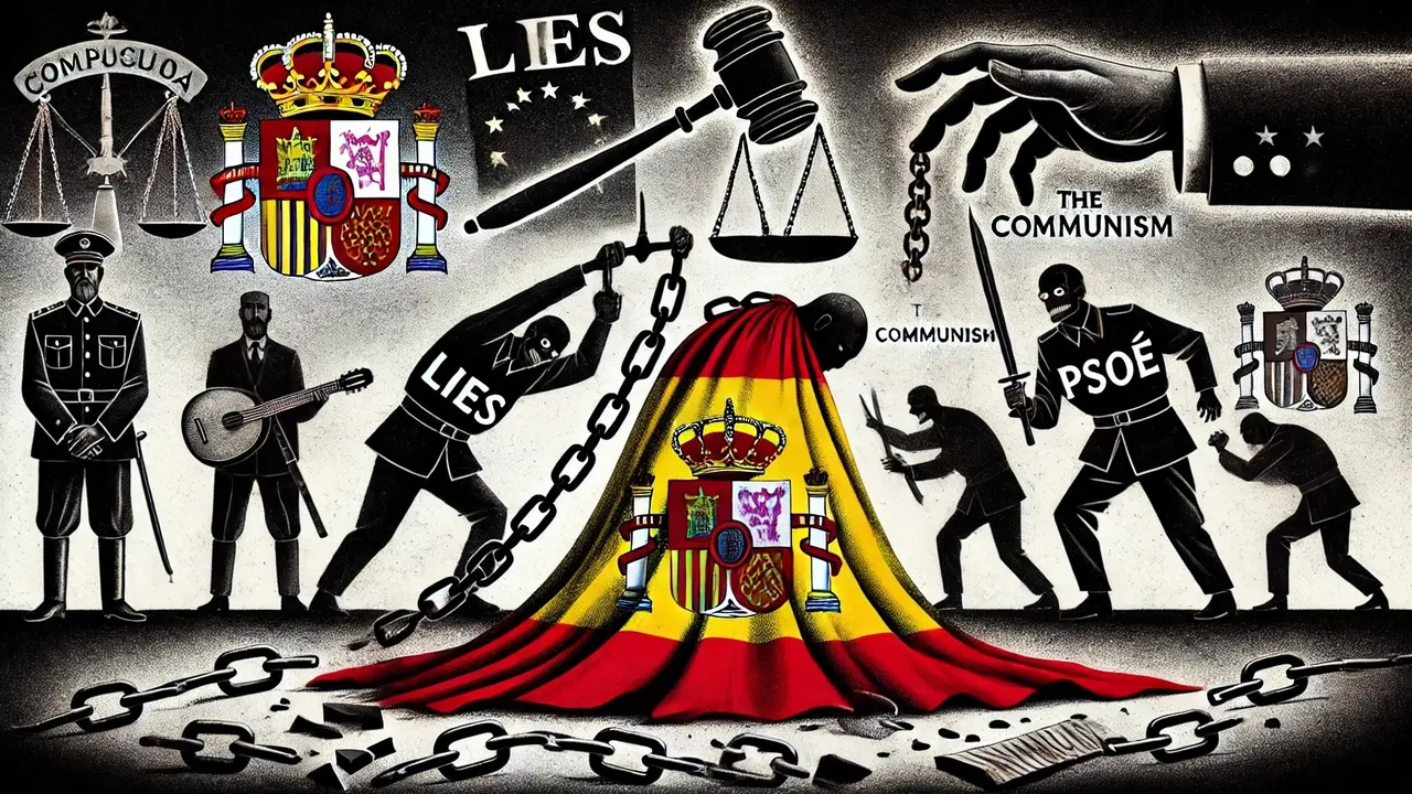 Espa&ntilde;a bajo opresi&oacute;n, con los temas de mentira, el PSOE y el comunismo como enfoque cr&iacute;tico.