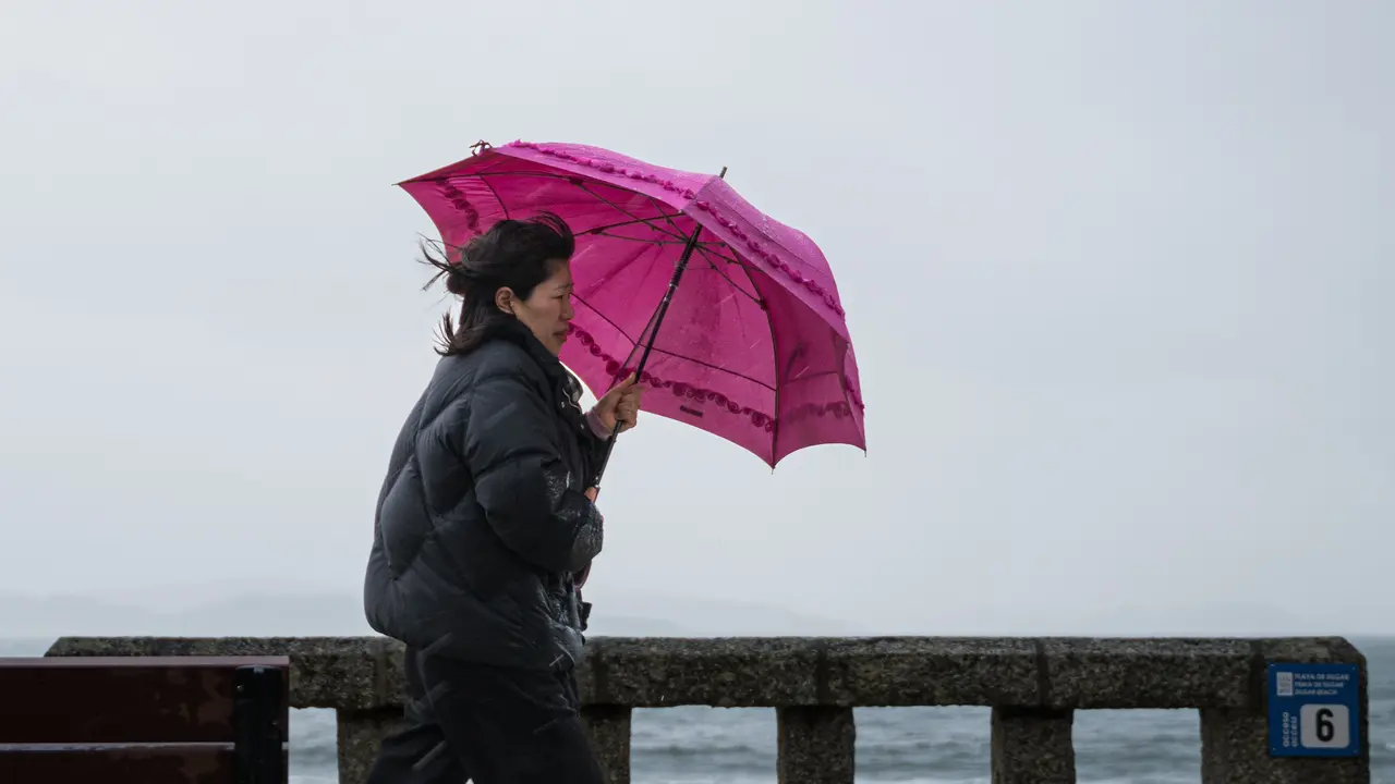 Una mujer se refugia de la lluvia con paraguas en la comarca de Saln&eacute;s. / Elena Fern&aacute;ndez