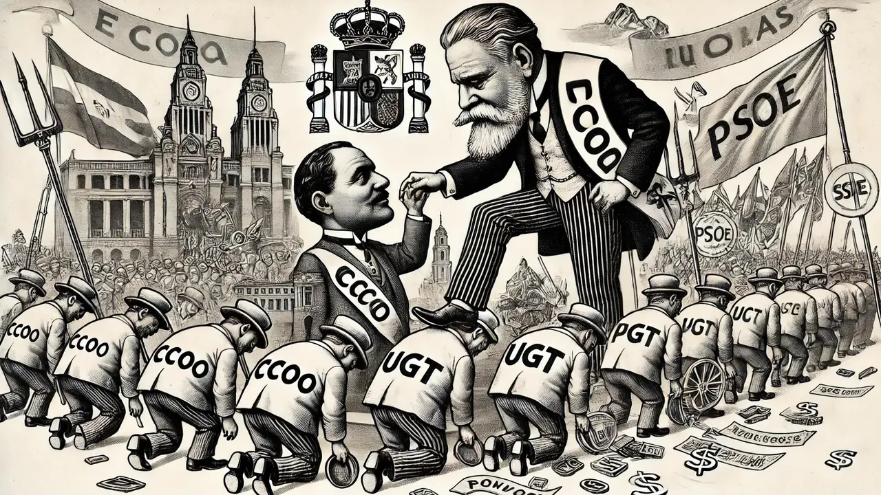 CCOO y UGT como figuras serviles al PSOE, en un estilo sat&iacute;rico.