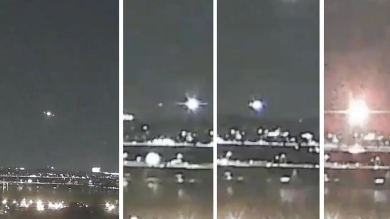 Secuencia del impacto: un avi&oacute;n comercial de American Airlines y un helic&oacute;ptero militar Black Hawk colisionaron en el aire cerca del Aeropuerto Nacional Reagan, desatando una explosi&oacute;n sobre el r&iacute;o Potomac. Las autoridades han desplegado una operaci&oacute;n de emergencia en la zona.