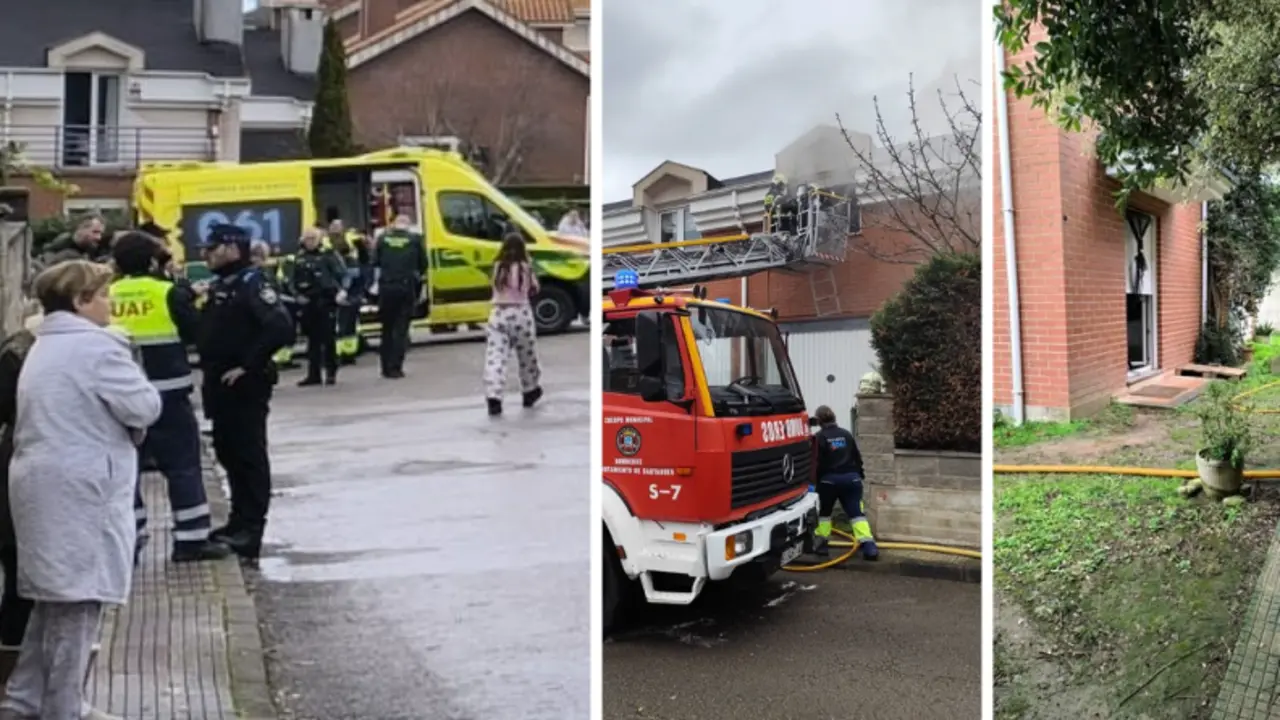 Secuencia del incendio en Cacicedo de Camargo: los servicios de emergencia atienden a los afectados en la zona (izquierda), bomberos trabajan para extinguir las llamas en la vivienda afectada (centro) y el estado del inmueble tras el fuego, con evidentes da&ntilde;os y restos de mangueras utilizadas en la extinci&oacute;n (derecha).