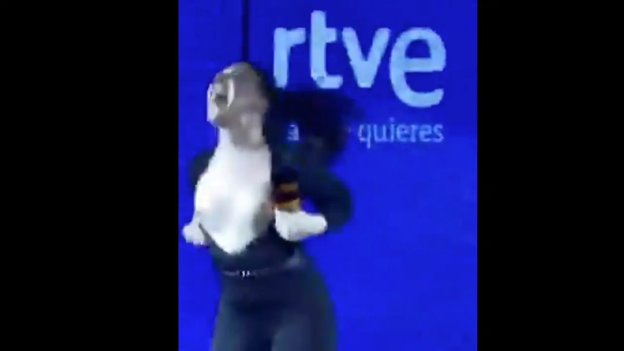 Momento en el que In&eacute;s Hernand se quita la parte superior de su ropa durante una fiesta en el Benidorm Fest, generando pol&eacute;mica en redes sociales.