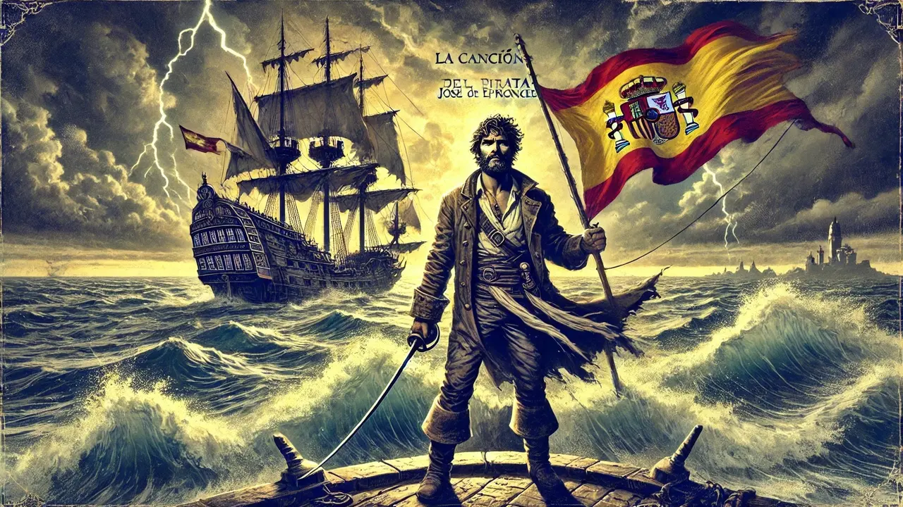 ilustraci&oacute;n editorial inspirada en La Canci&oacute;n del Pirata de Jos&eacute; de Espronceda. Capturan el esp&iacute;ritu rom&aacute;ntico del poema con una escena dram&aacute;tica y aventurera.