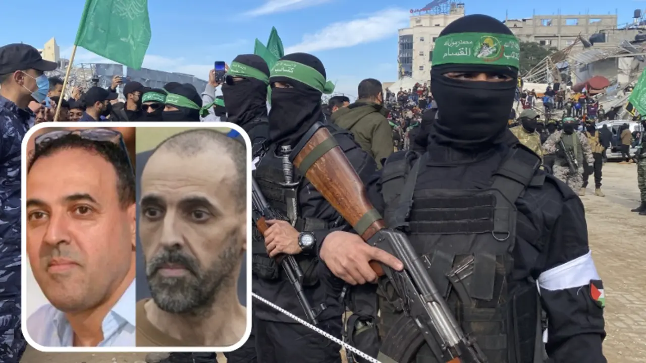 Milicianos de Ham&aacute;s desfilan armados en Gaza mientras son vitoreados por la multitud. En el recuadro, Eli Sharabi, reh&eacute;n israel&iacute; del kibutz Beeri, antes y despu&eacute;s de pasar 491 d&iacute;as en cautiverio, visiblemente demacrado y desnutrido tras su liberaci&oacute;n. Su esposa y sus hijas fueron asesinadas el 7 de octubre.