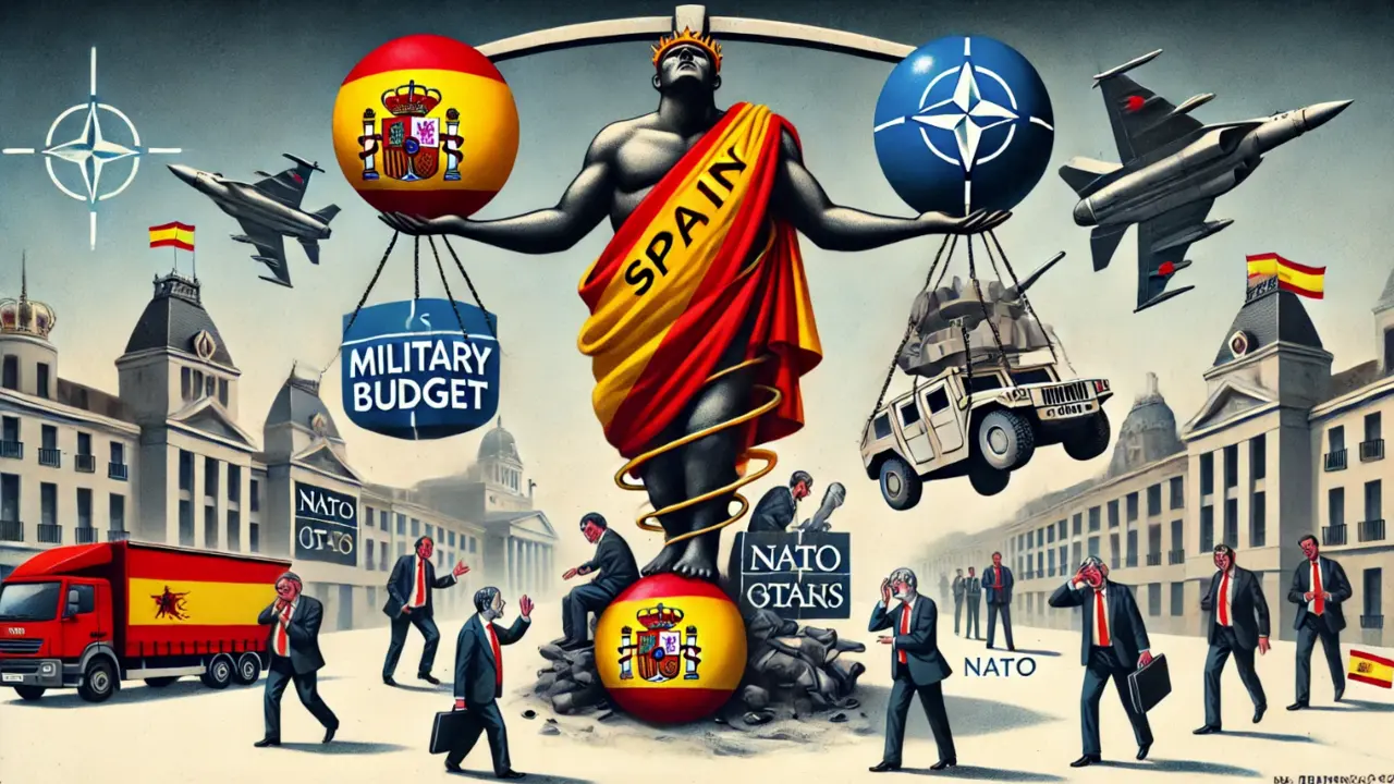 Ilustraci&oacute;n editorial representando la encrucijada financiera de Espa&ntilde;a debido a las demandas de gasto en defensa de la OTAN.
