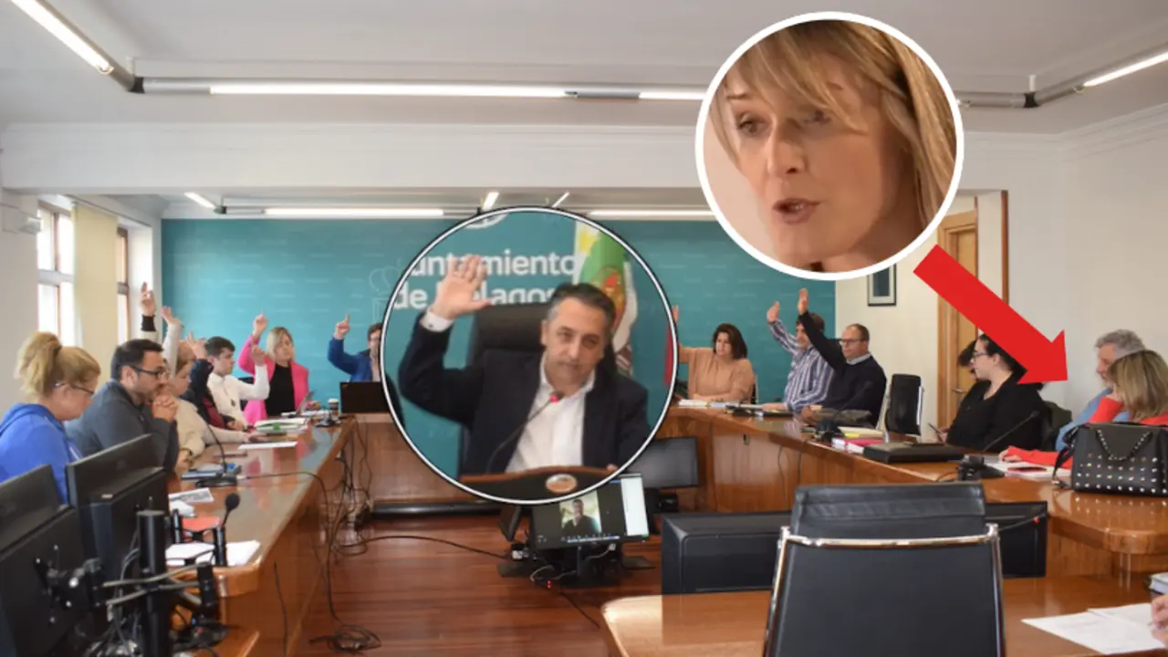 Pleno del Ayuntamiento de Pi&eacute;lagos durante la votaci&oacute;n del Plan de Actuaci&oacute;n Integrado (PAI). En el centro, el alcalde Carlos Caram&eacute;s (PP) dirige la sesi&oacute;n, mientras que en la derecha, la concejala del PSOE Ver&oacute;nica Samperio, marcada con una flecha, protagoniza un pol&eacute;mico gesto que ha sido criticado por su falta de respeto institucional.