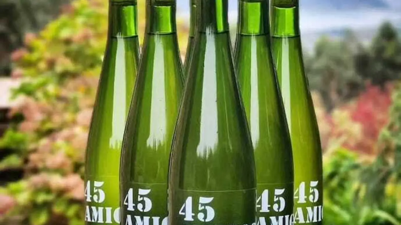 Botellas de sidra natural 45 Amigos, elaborada de manera artesanal en Cantabria con manzanas de cosecha propia.