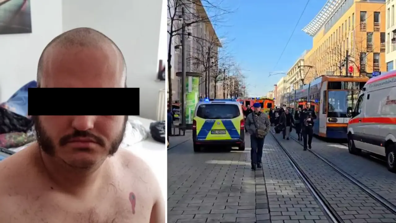 Izquierda: Fotograf&iacute;a del presunto autor del atropello en Mannheim, identificado como Alexander S., un ciudadano alem&aacute;n de 40 a&ntilde;os. Derecha: Escena del incidente en el centro de Mannheim, donde un veh&iacute;culo embisti&oacute; a varias personas, causando dos muertos y varios heridos, el 3 de marzo de 2025.
