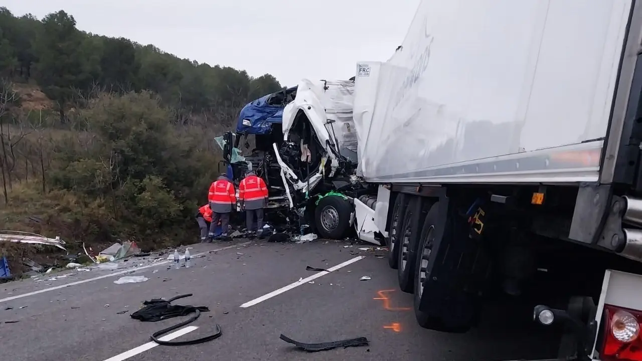 Uno de los camiones accidentados. / Polic&iacute;a Foral