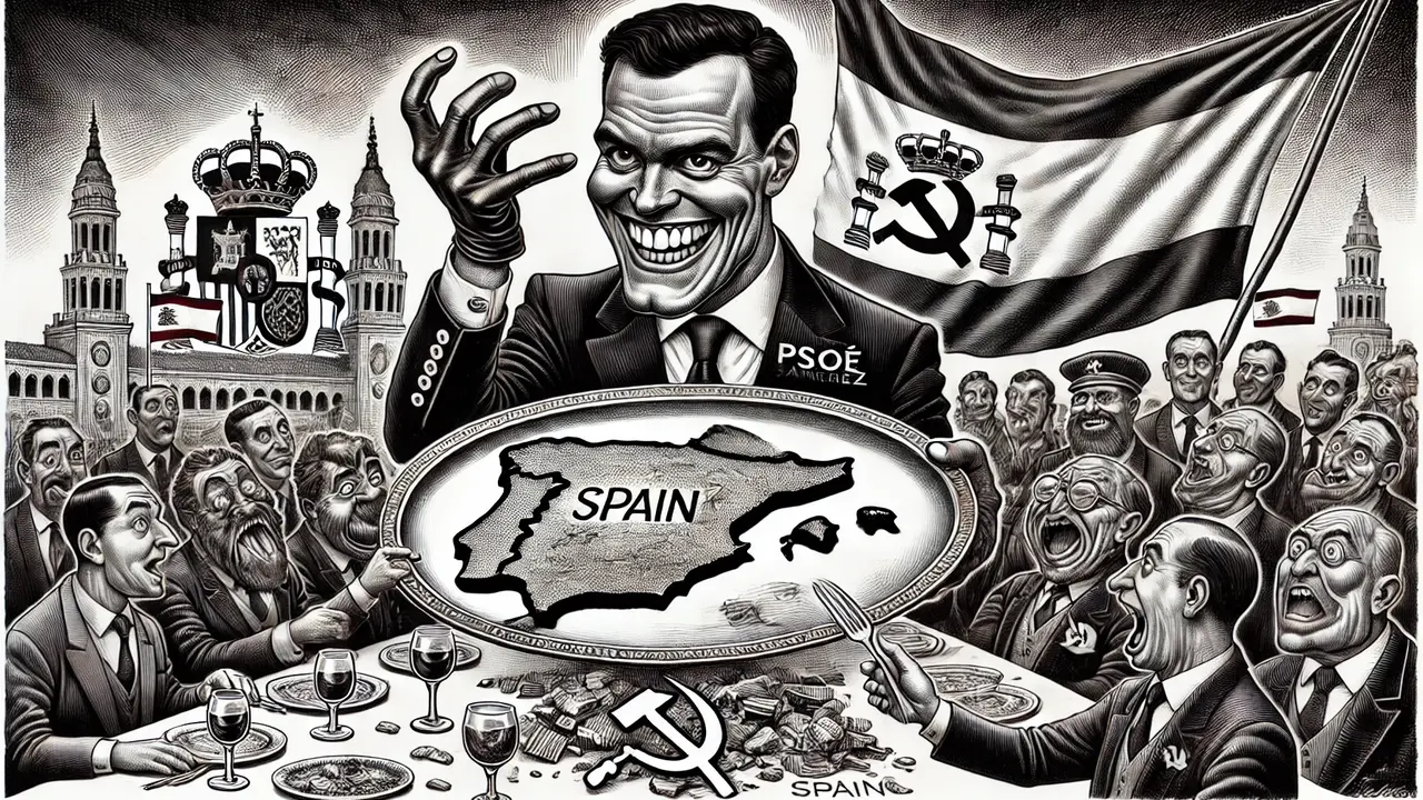 Caricatura editorial sat&iacute;rica de Pedro S&aacute;nchez entregando Espa&ntilde;a en una bandeja.