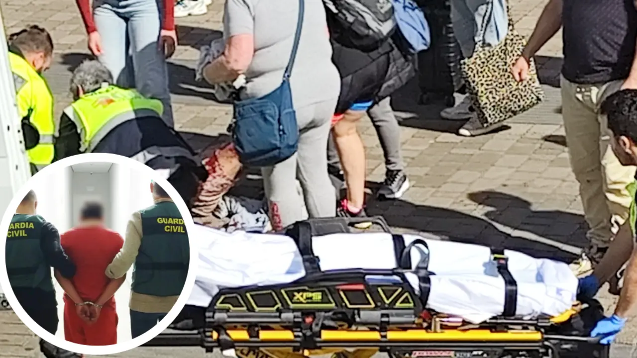 A la izquierda en circular, el agresor detenido. En grande el momento que los servicios de emergencias tratan de salvar la vida al joven. / A.E.