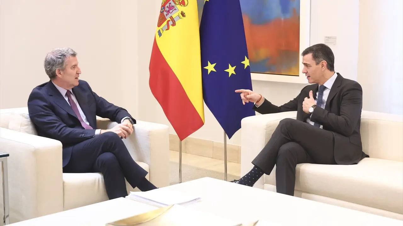 El presidente del Gobierno, Pedro S&aacute;nchez (d), recibe al presidente del Partido Popular, Alberto N&uacute;&ntilde;ez Feij&oacute;o (i), en el Palacio de la Moncloa. / Eduardo Parra