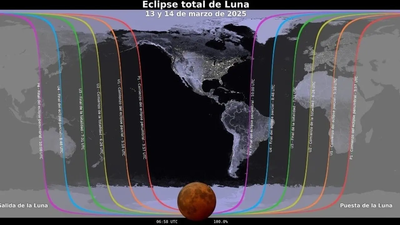 Mapa que muestra d&oacute;nde ser&aacute; visible el eclipse lunar del 13 al 14 de marzo de 2025. / EP