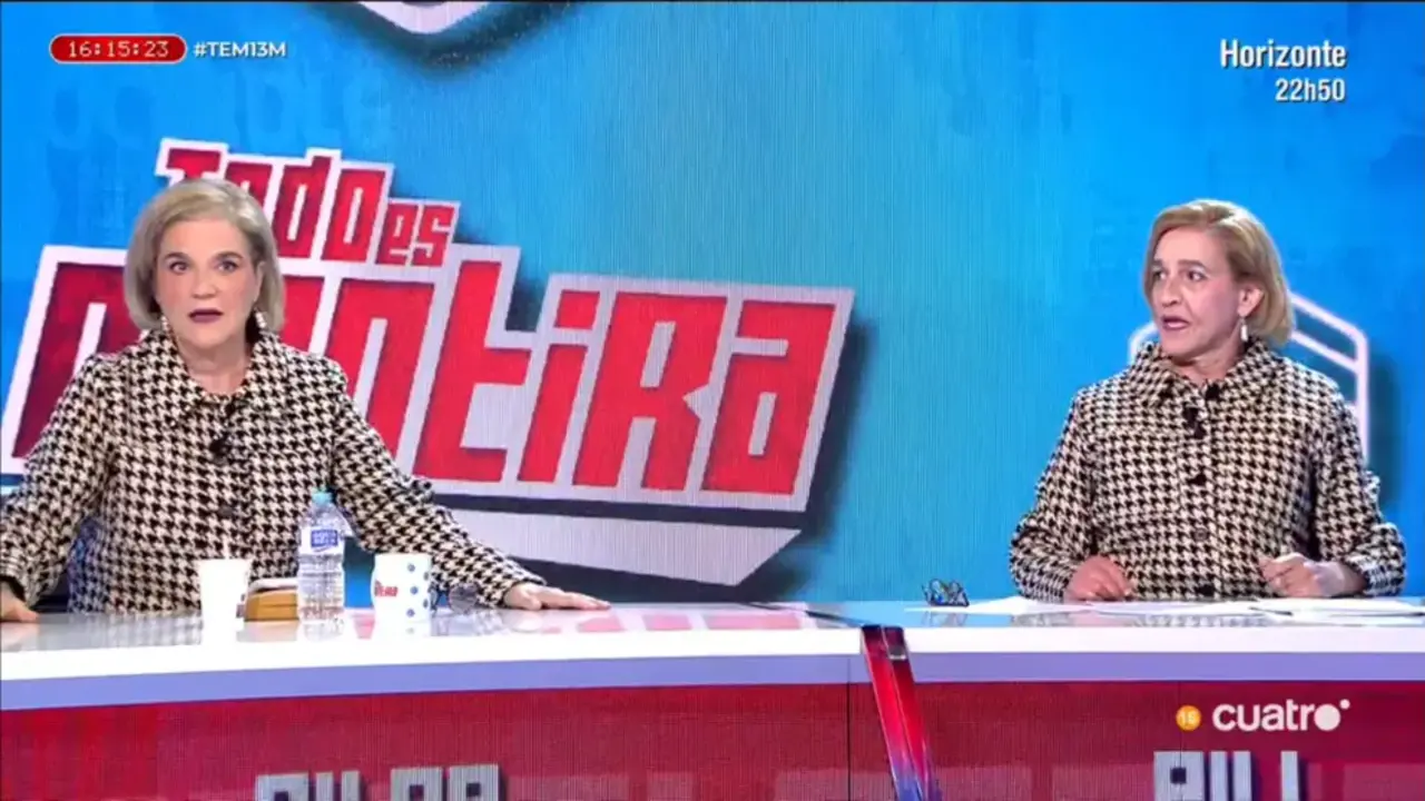 Pilar Rahola y su imitador Josep Ferr&eacute; protagonizan un encuentro en el programa "Todo es mentira". / Cuatro